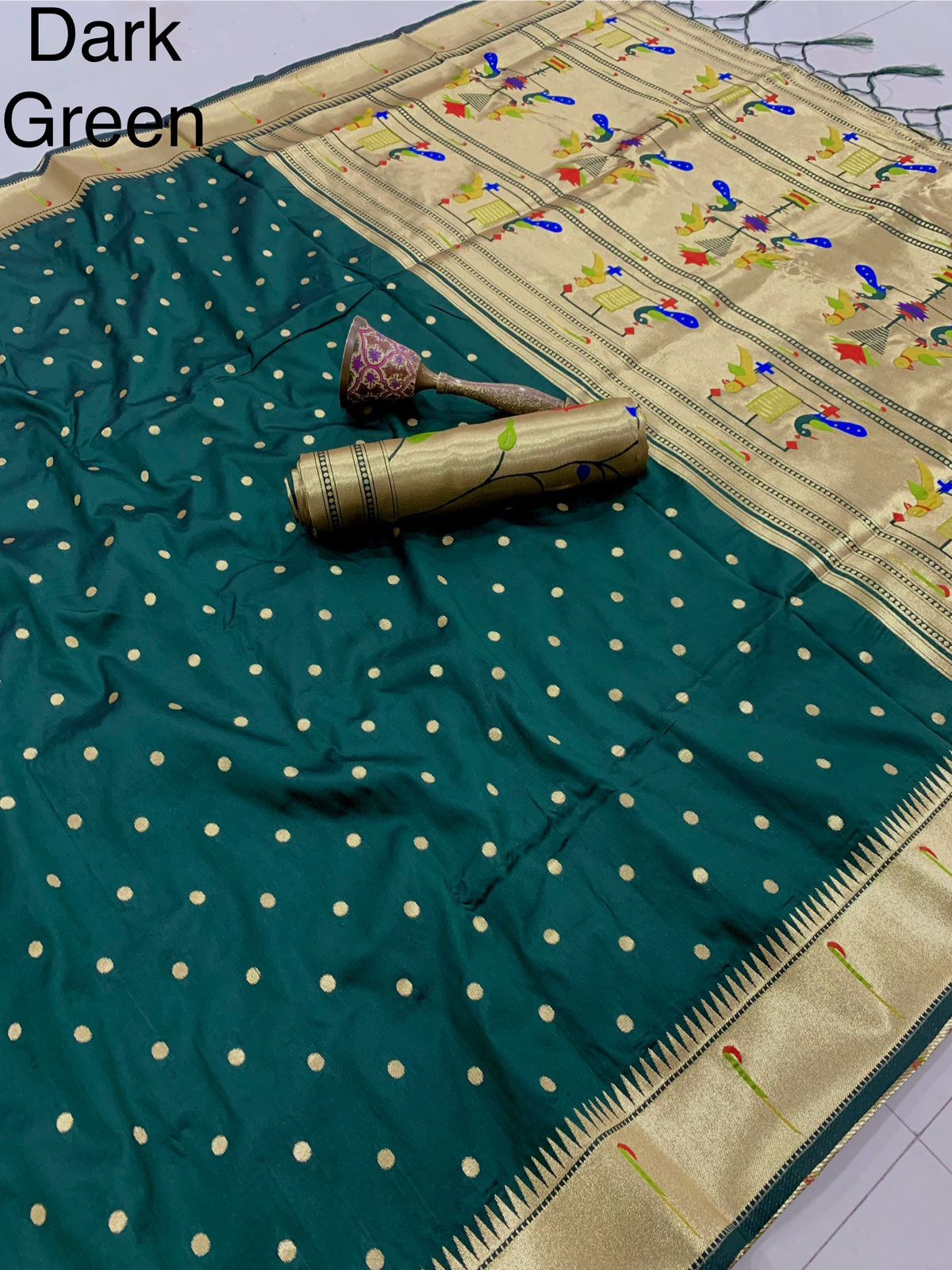 PURE SOFT GOLD ZARI KANCHIVRAM PAITHANI SILK AND CONTRAST PEACOCK BODER AND HEAVY MINA ZARI WEAVING PALLU
