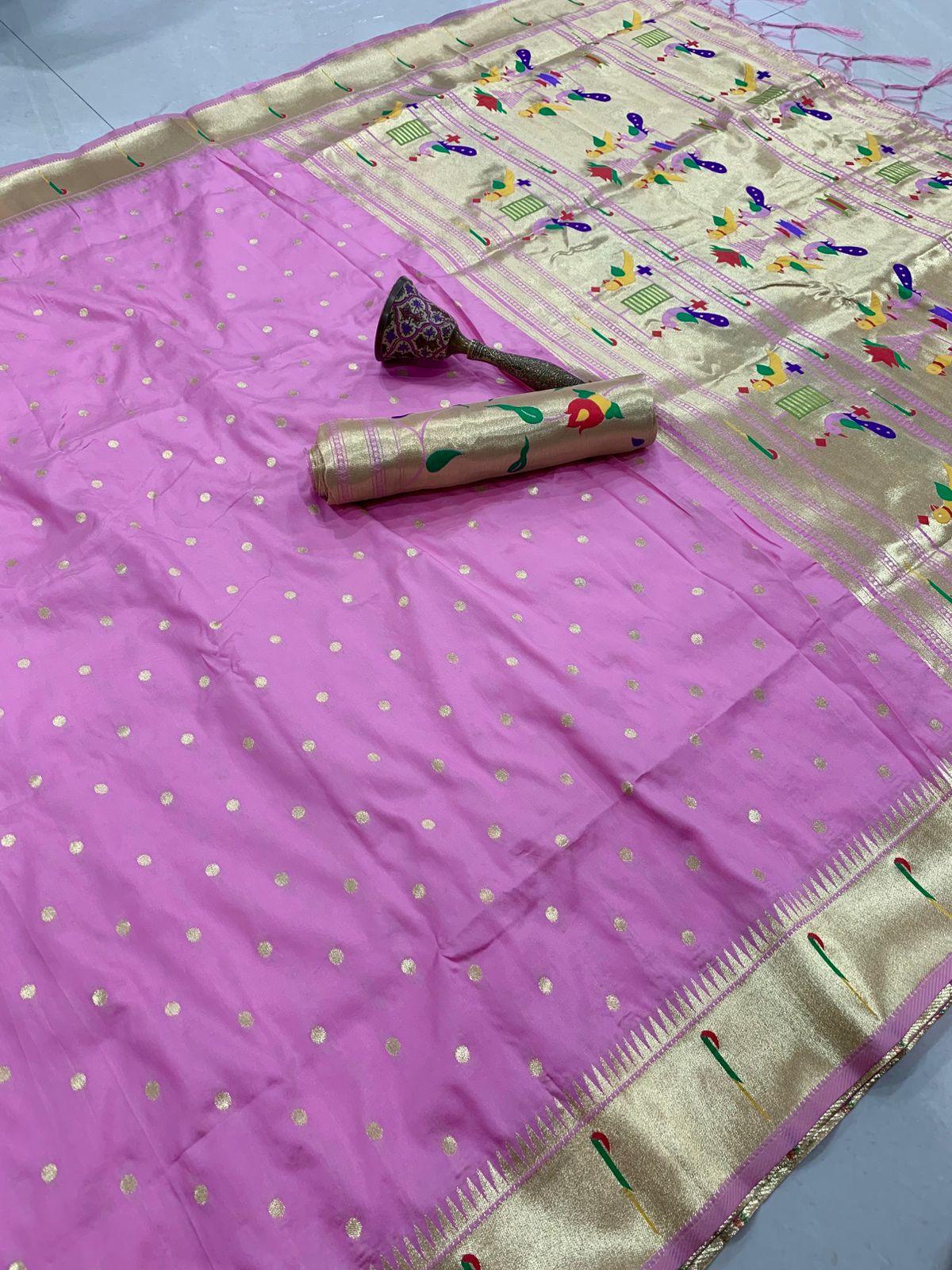 PURE SOFT GOLD ZARI KANCHIVRAM PAITHANI SILK AND CONTRAST PEACOCK BODER AND HEAVY MINA ZARI WEAVING PALLU
