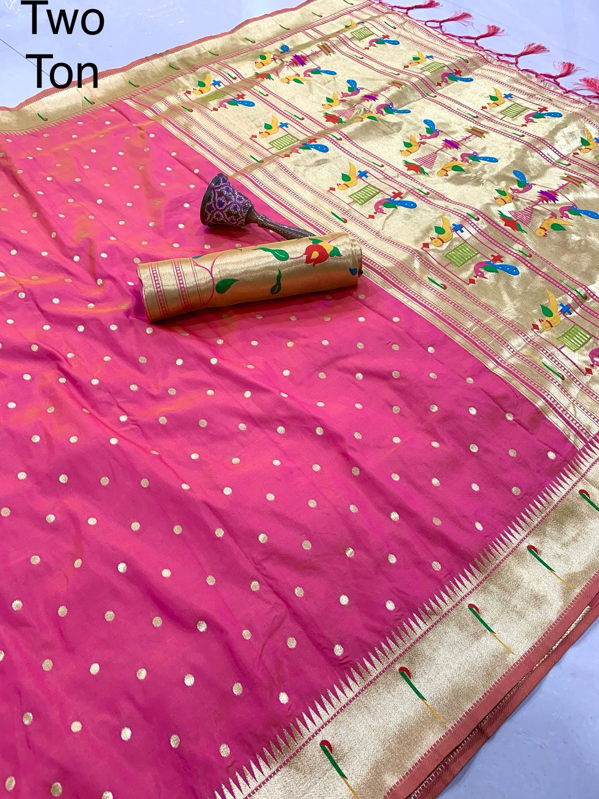 PURE SOFT GOLD ZARI KANCHIVRAM PAITHANI SILK AND CONTRAST PEACOCK BODER AND HEAVY MINA ZARI WEAVING PALLU