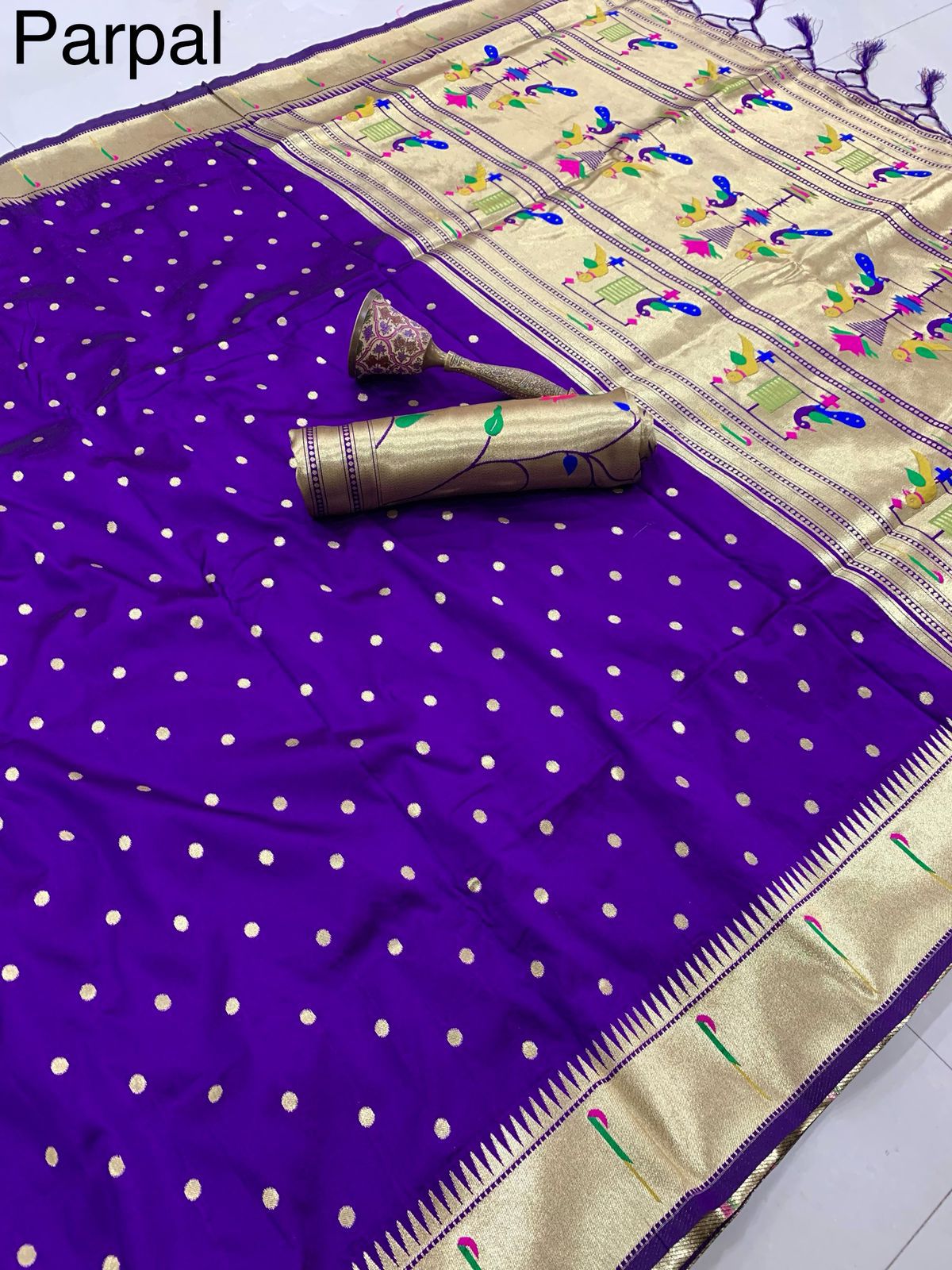 PURE SOFT GOLD ZARI KANCHIVRAM PAITHANI SILK AND CONTRAST PEACOCK BODER AND HEAVY MINA ZARI WEAVING PALLU