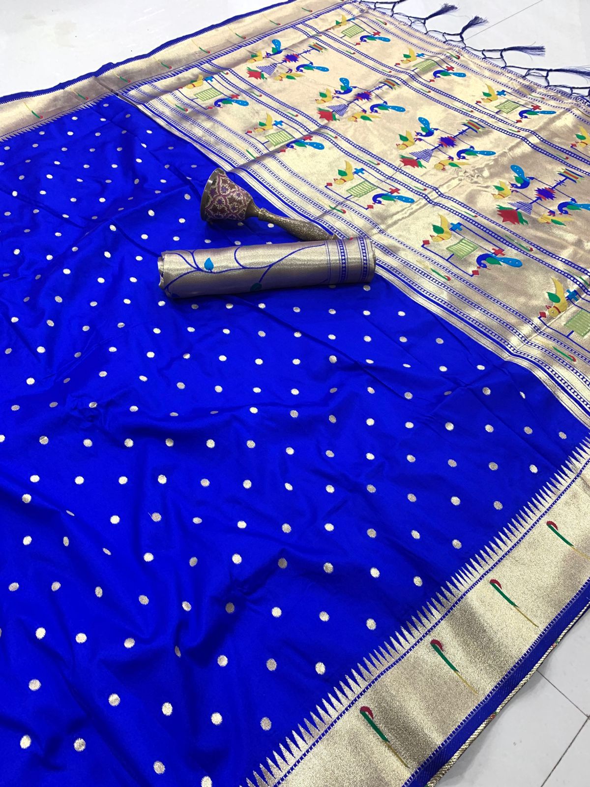 PURE SOFT GOLD ZARI KANCHIVRAM PAITHANI SILK AND CONTRAST PEACOCK BODER AND HEAVY MINA ZARI WEAVING PALLU