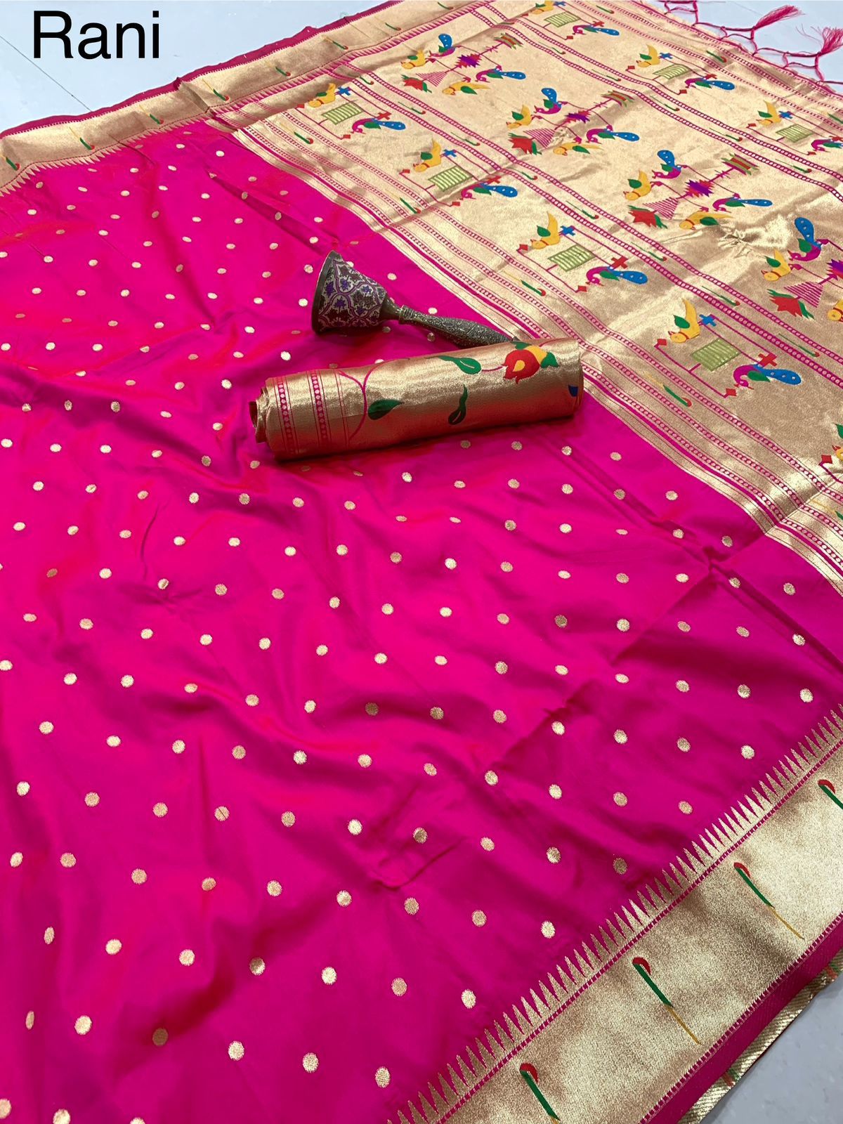 PURE SOFT GOLD ZARI KANCHIVRAM PAITHANI SILK AND CONTRAST PEACOCK BODER AND HEAVY MINA ZARI WEAVING PALLU