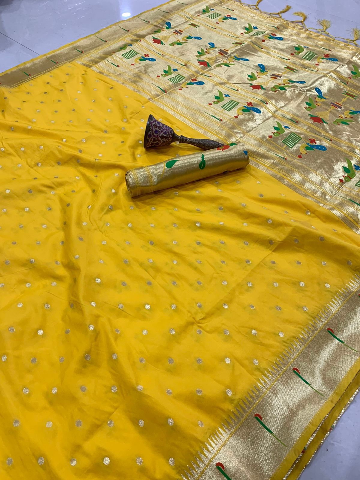 PURE SOFT GOLD ZARI KANCHIVRAM PAITHANI SILK AND CONTRAST PEACOCK BODER AND HEAVY MINA ZARI WEAVING PALLU