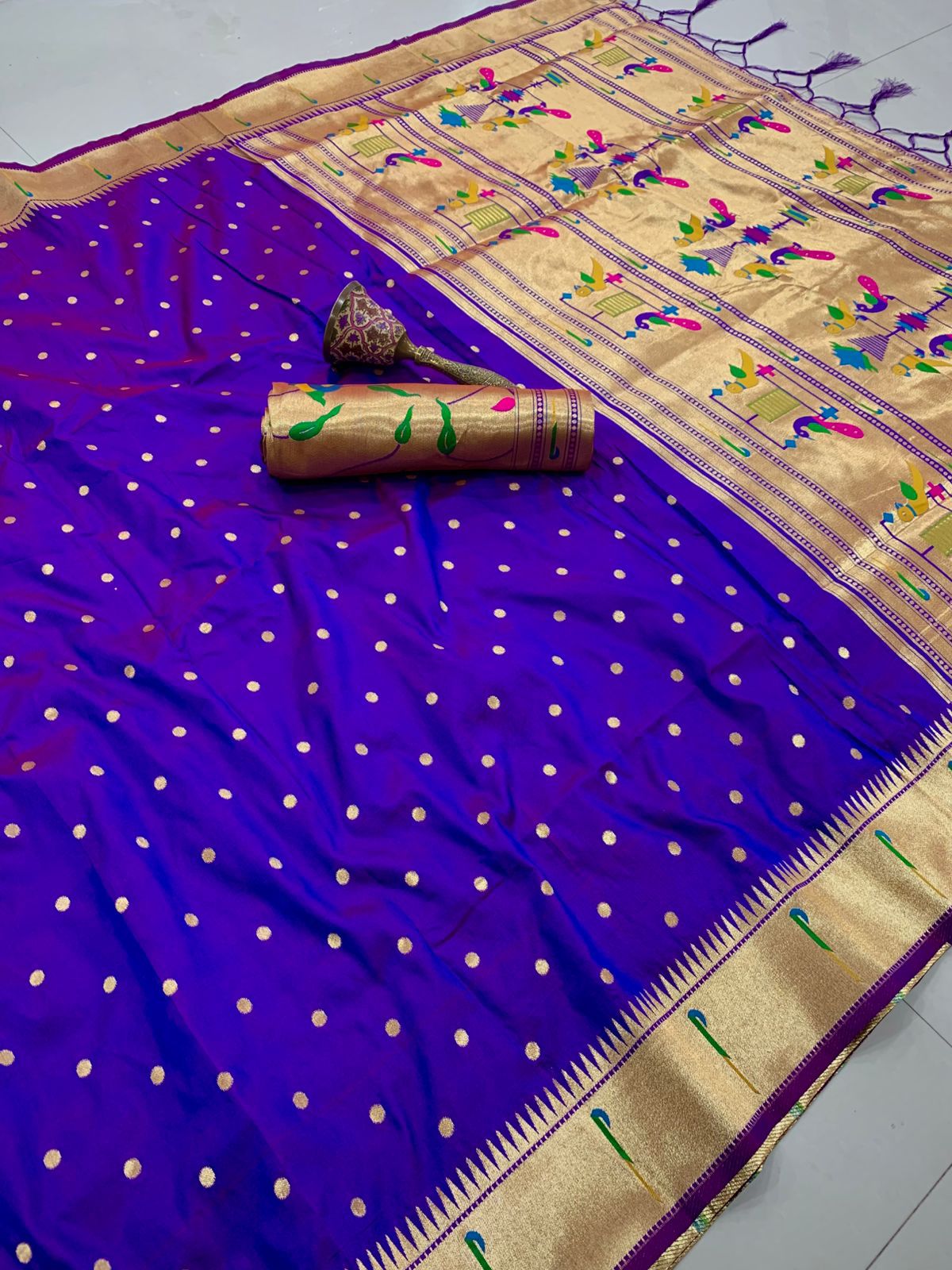 PURE SOFT GOLD ZARI KANCHIVRAM PAITHANI SILK AND CONTRAST PEACOCK BODER AND HEAVY MINA ZARI WEAVING PALLU