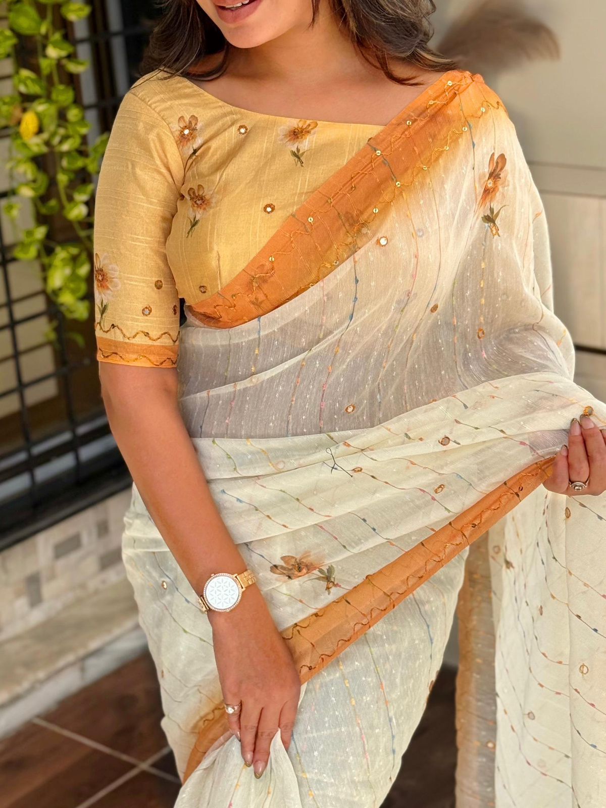 Linen cotton saree with rainbow colour thread and mirror work