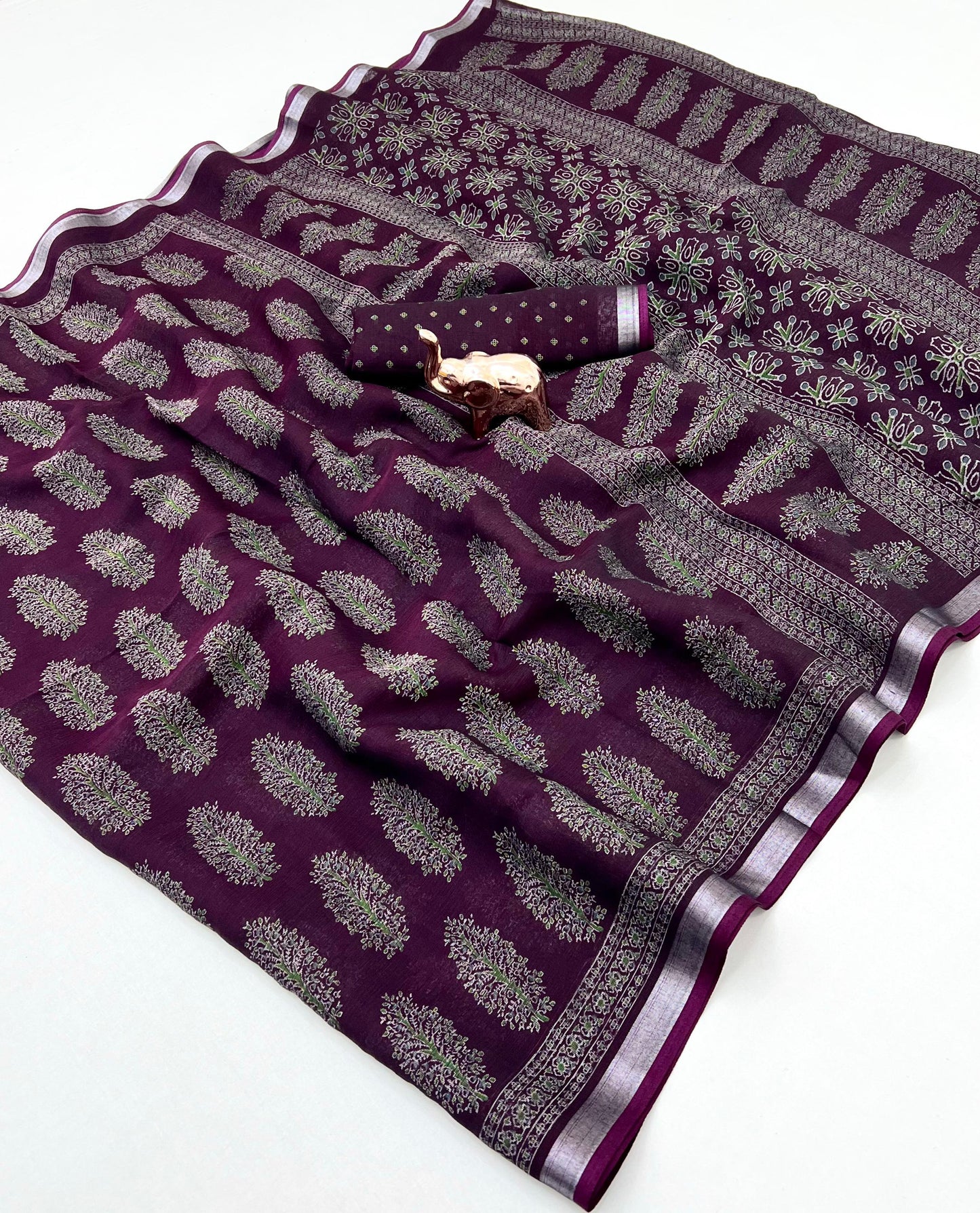 saree with trending ajrakh printed and silver zari border