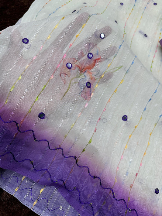 Linen cotton saree with rainbow colour thread and mirror work