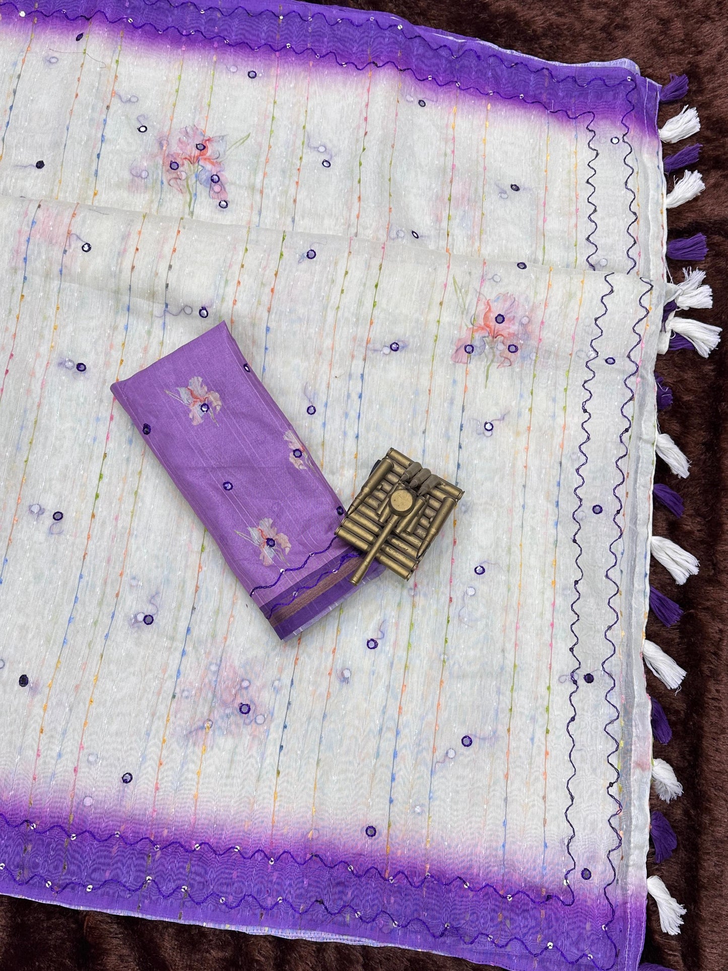 Linen cotton saree with rainbow colour thread and mirror work