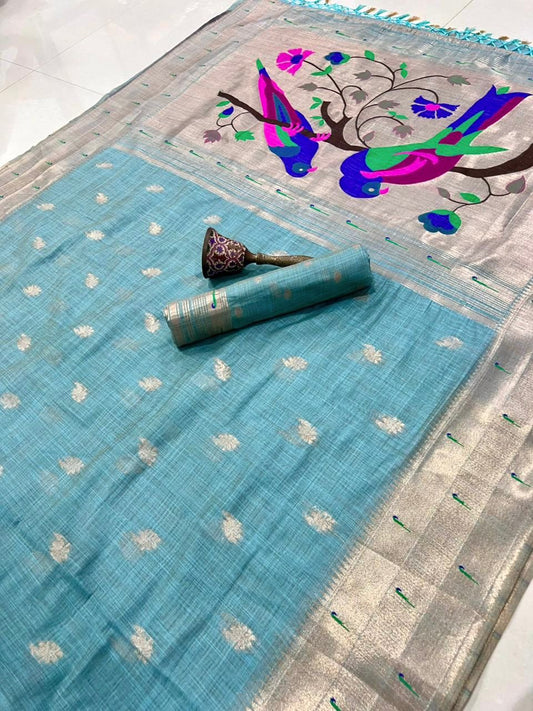PURE SOFT MUGA COTTON AND MUNIYA BODER PAITHANI RICH ZARI WEAVING PALLU