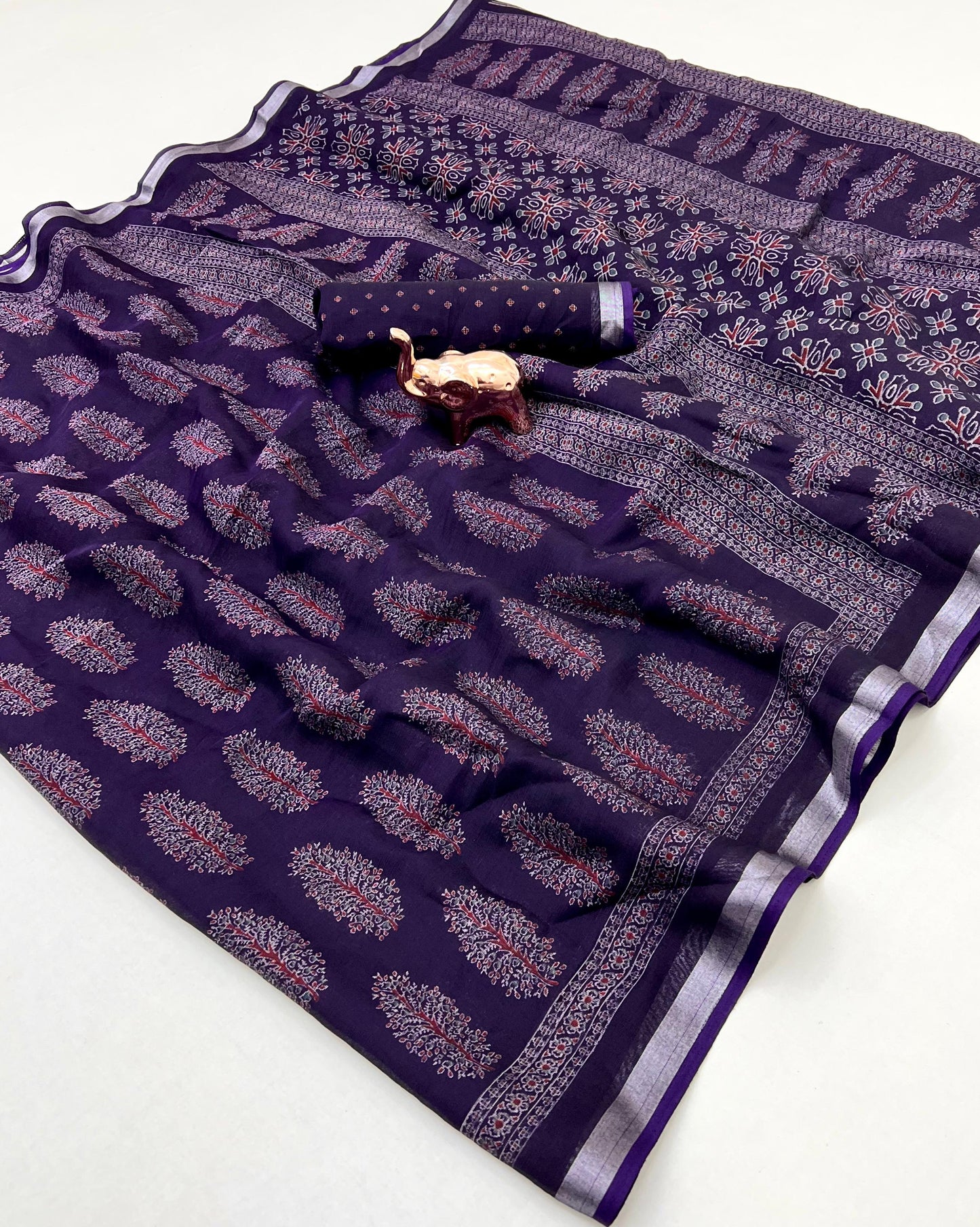saree with trending ajrakh printed and silver zari border