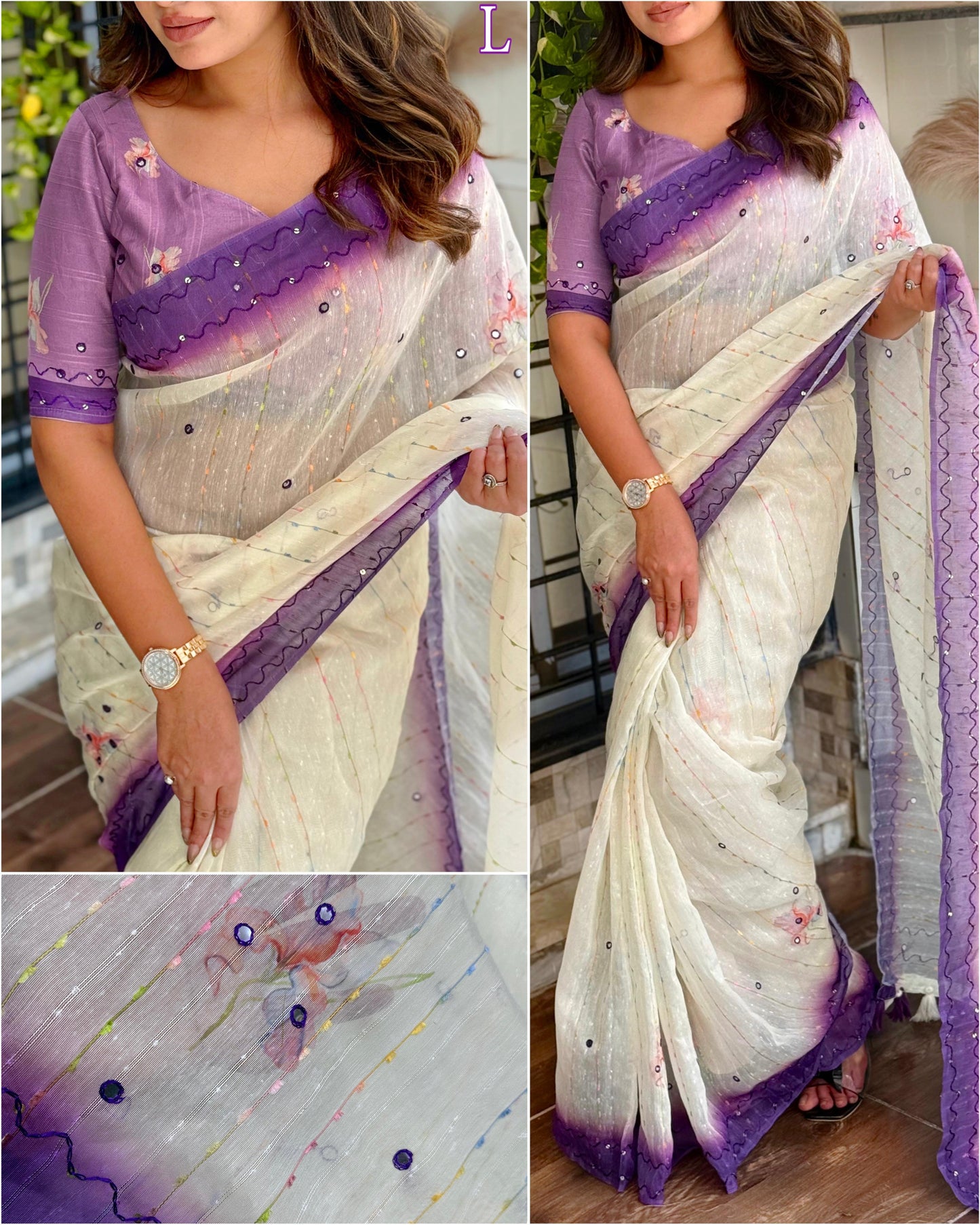 Linen cotton saree with rainbow colour thread and mirror work