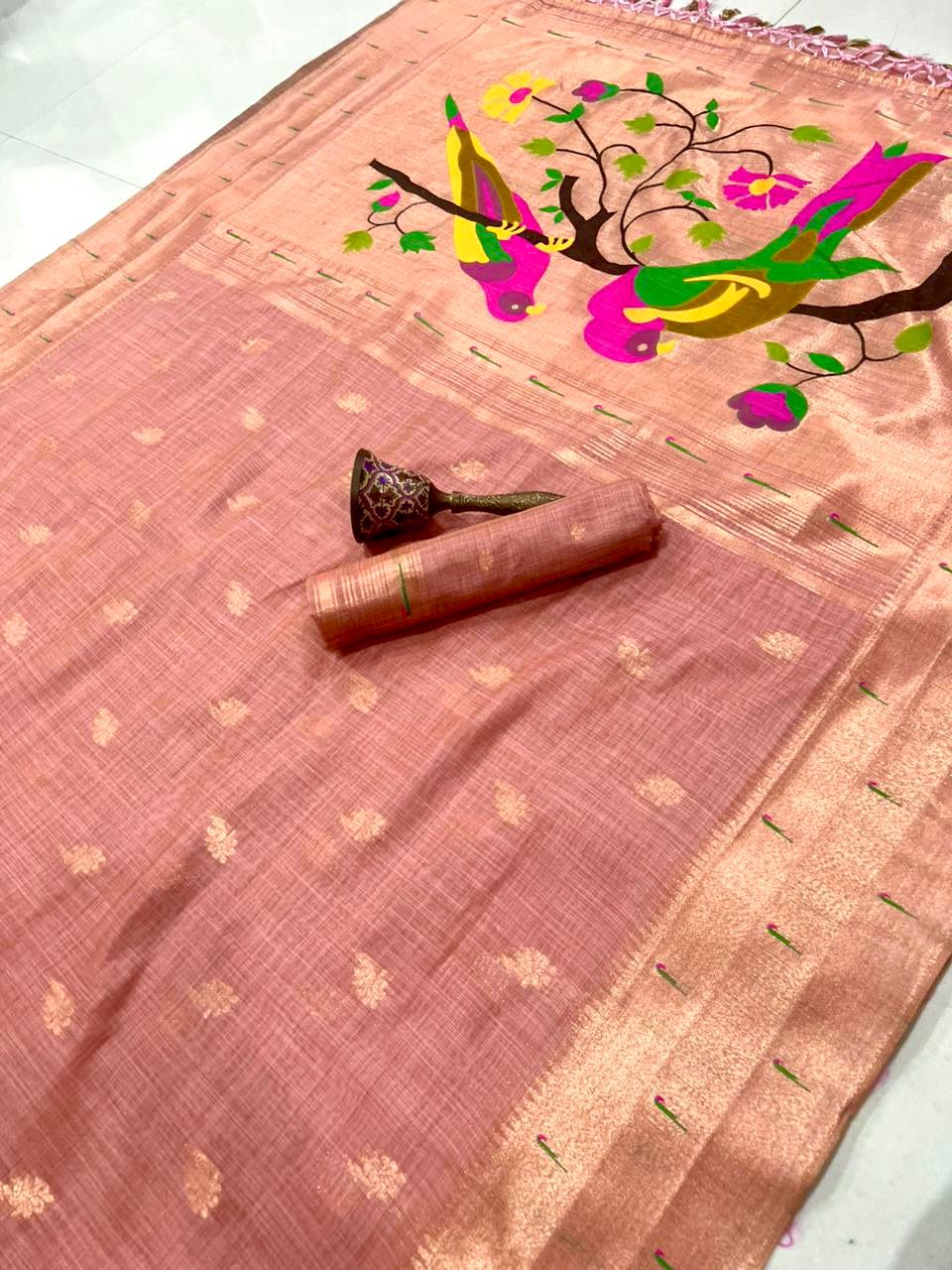 PURE SOFT MUGA COTTON AND MUNIYA BODER PAITHANI RICH ZARI WEAVING PALLU