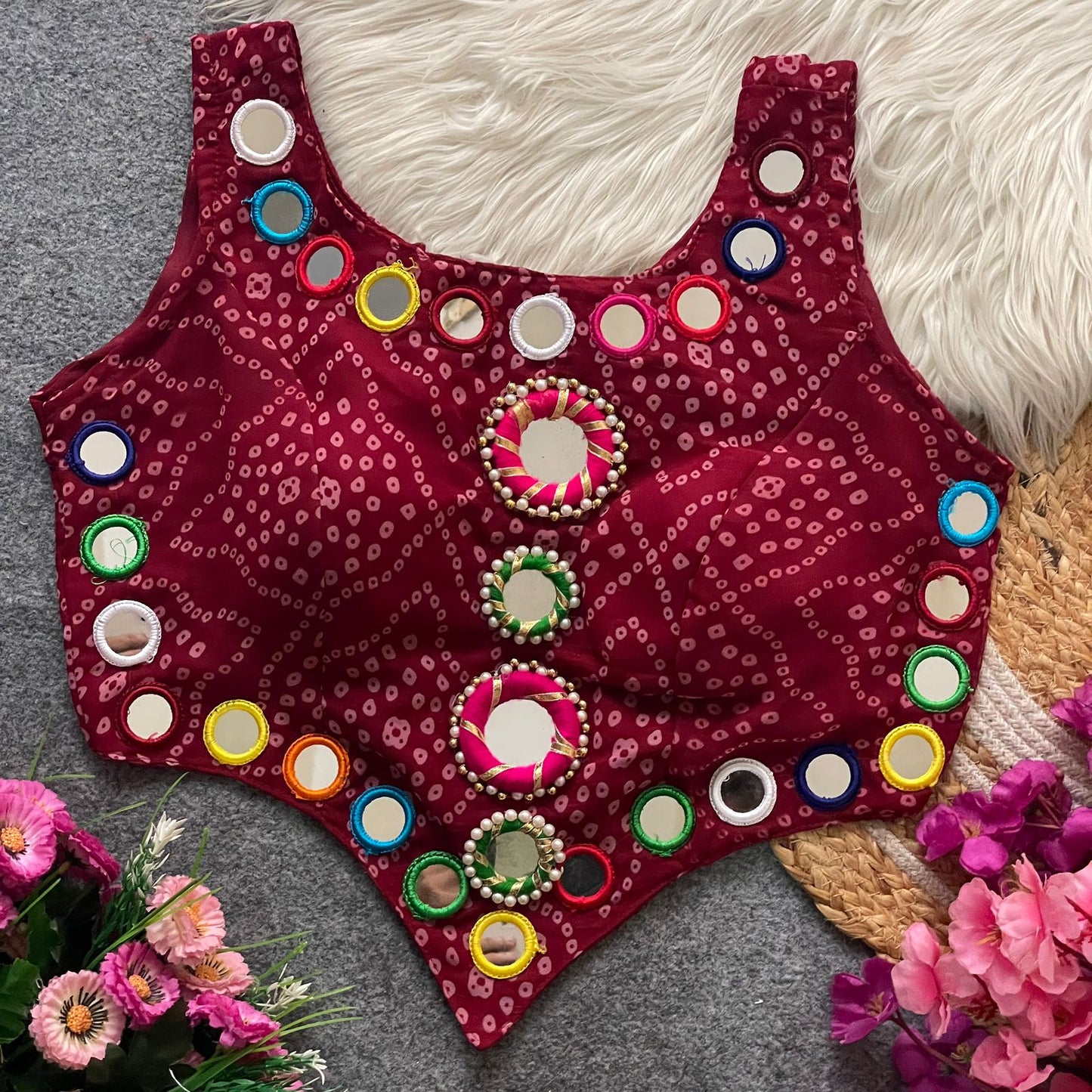 Pure Georgette Bandhani with heavy mirror hand work