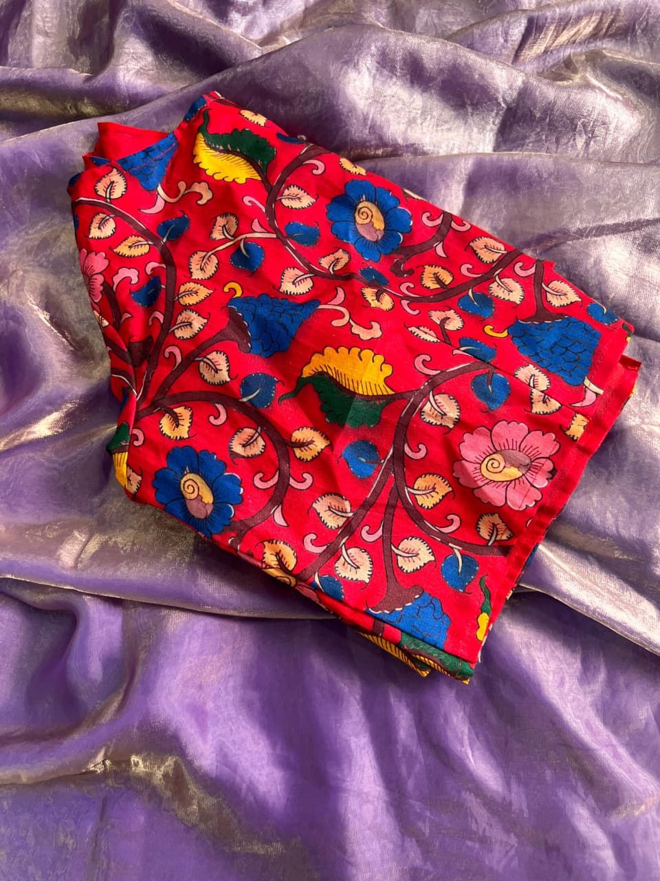 Space Silk Saree With beautiful kalamkari printed Stiched Blouse