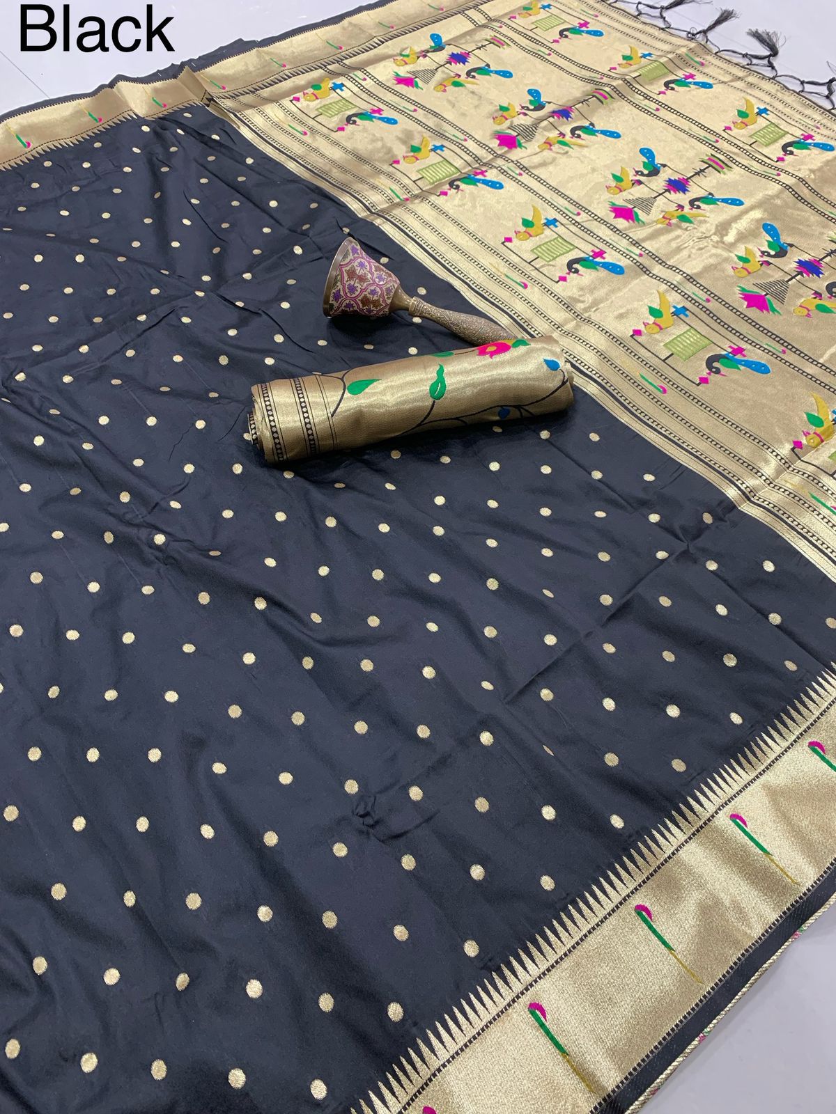 PURE SOFT GOLD ZARI KANCHIVRAM  PAITHANI SILK AND CONTRAST PEACOCK BODER AND HEAVY MINA ZARI WEAVING  PALLU