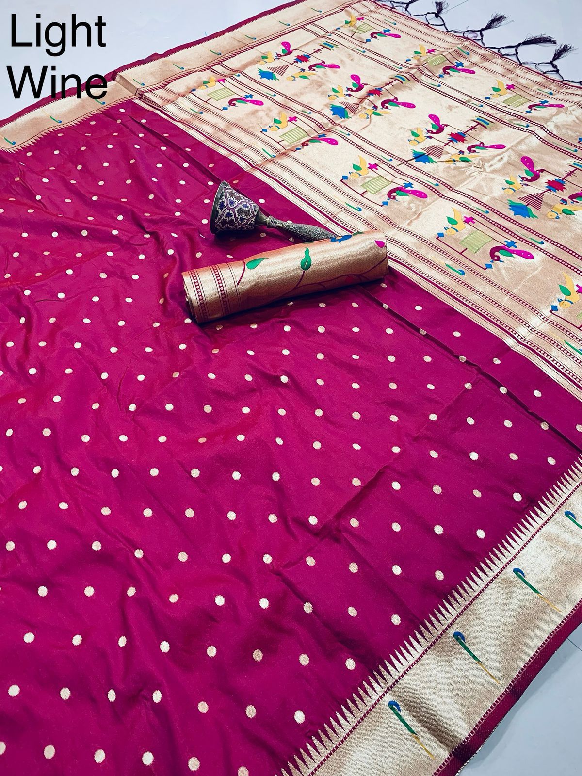 PURE SOFT GOLD ZARI KANCHIVRAM  PAITHANI SILK AND CONTRAST PEACOCK BODER AND HEAVY MINA ZARI WEAVING  PALLU