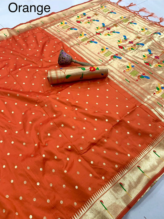 PURE SOFT GOLD ZARI KANCHIVRAM  PAITHANI SILK AND CONTRAST PEACOCK BODER AND HEAVY MINA ZARI WEAVING  PALLU