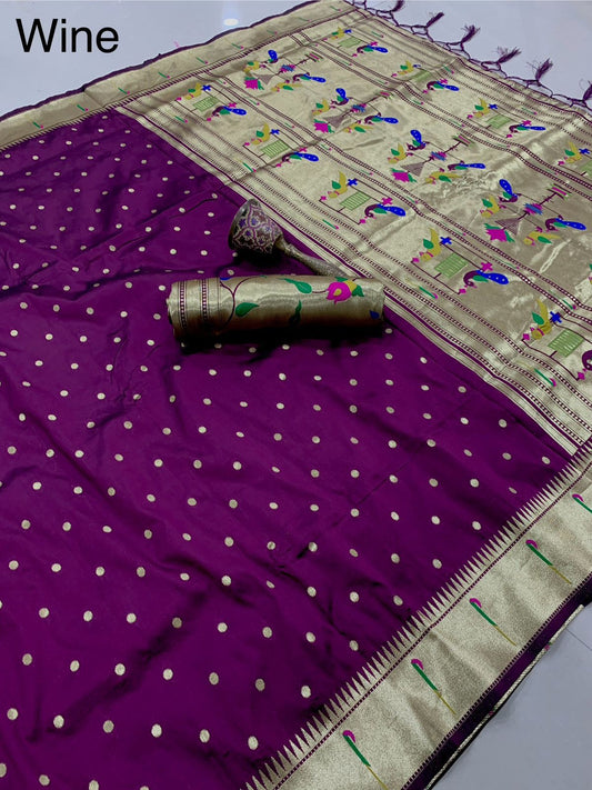 PURE SOFT GOLD ZARI KANCHIVRAM  PAITHANI SILK AND CONTRAST PEACOCK BODER AND HEAVY MINA ZARI WEAVING  PALLU
