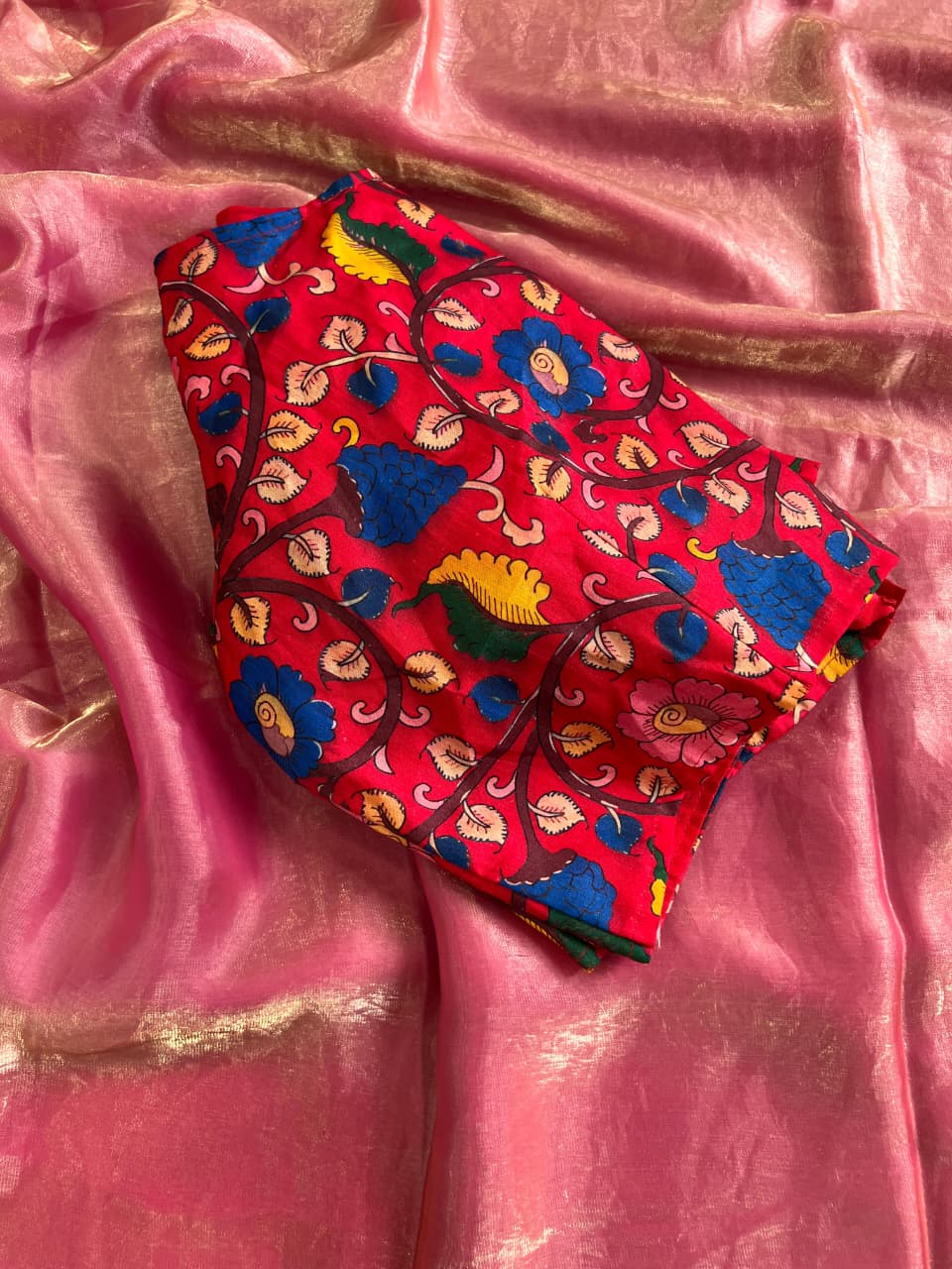 Space Silk Saree With beautiful kalamkari printed Stiched Blouse