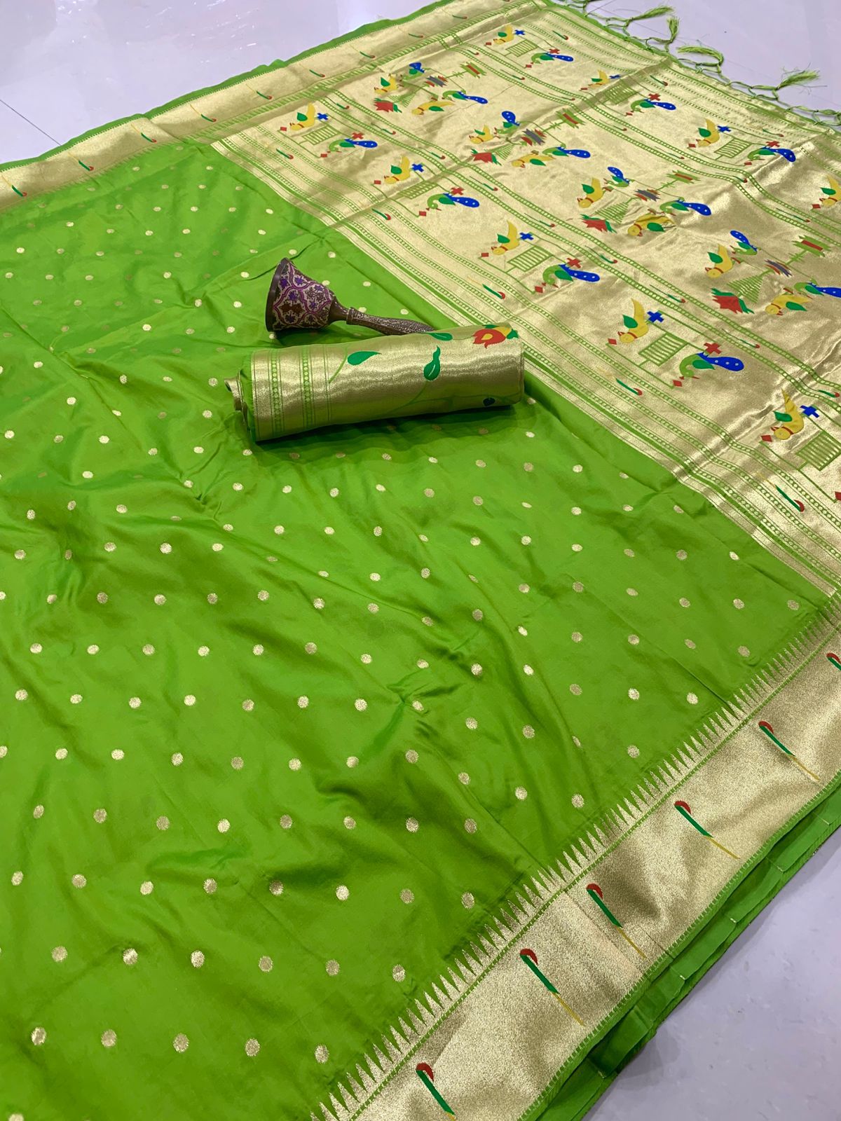 PURE SOFT GOLD ZARI KANCHIVRAM  PAITHANI SILK AND CONTRAST PEACOCK BODER AND HEAVY MINA ZARI WEAVING  PALLU