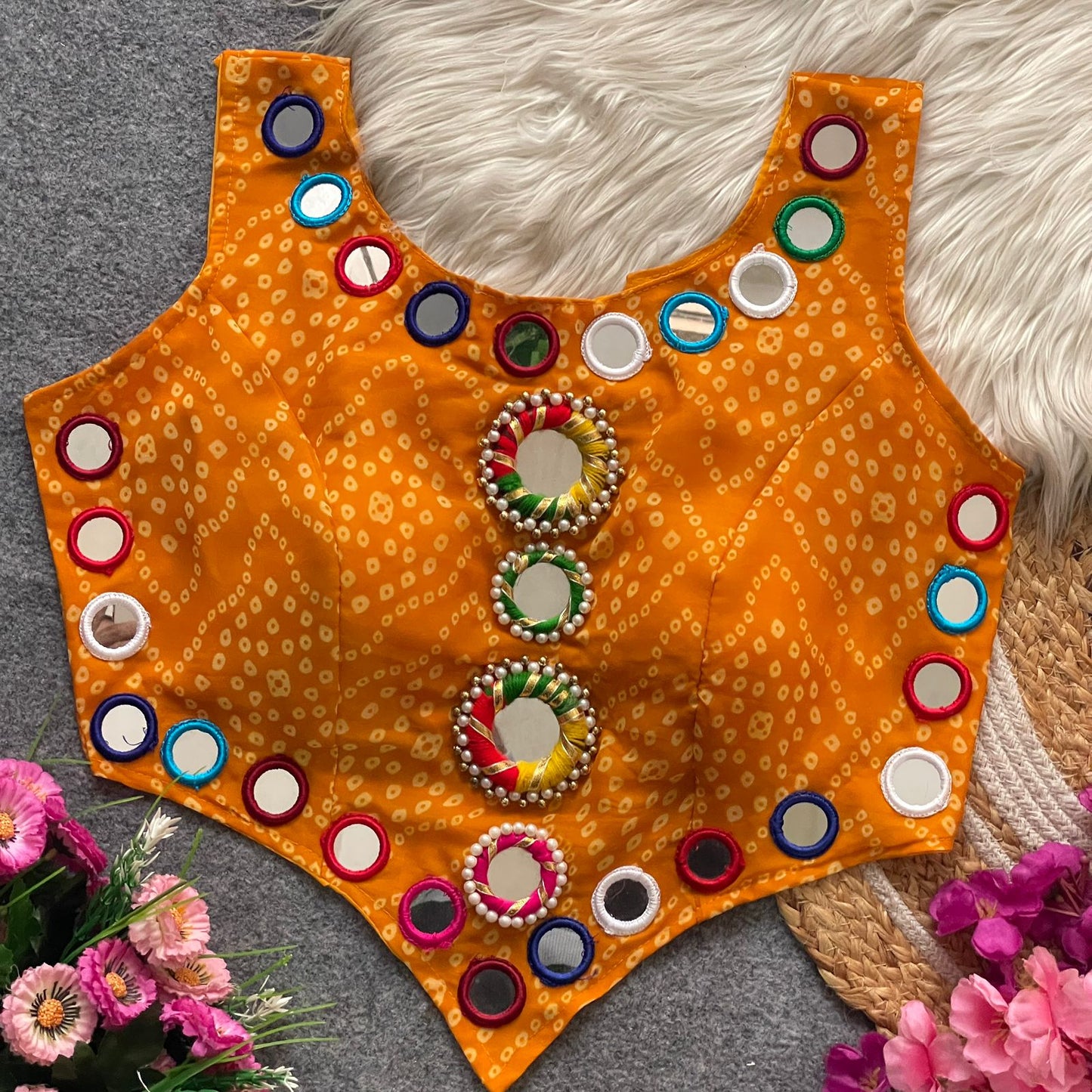 Pure Georgette Bandhani with heavy mirror hand work