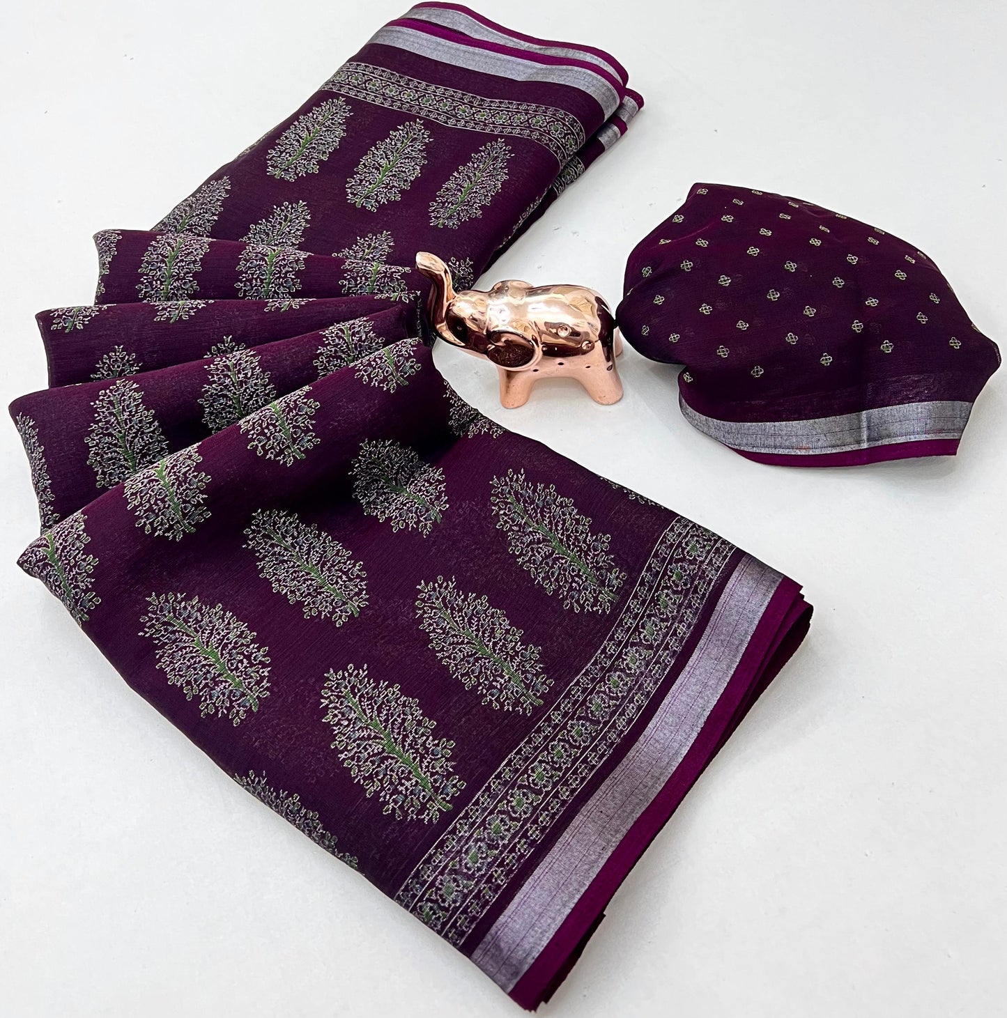 saree with trending ajrakh printed and silver zari border