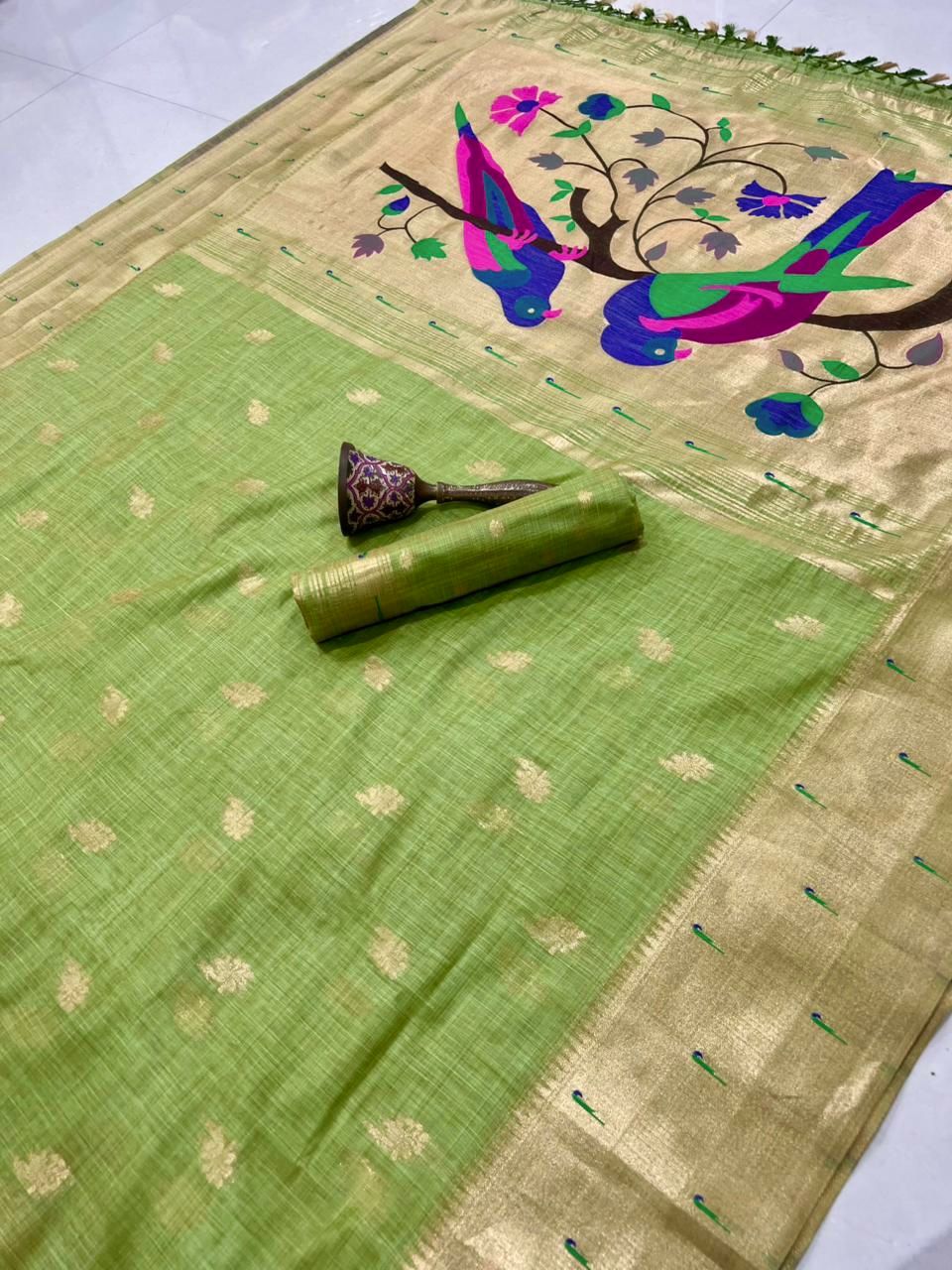PURE SOFT MUGA COTTON AND MUNIYA BODER PAITHANI RICH ZARI WEAVING PALLU
