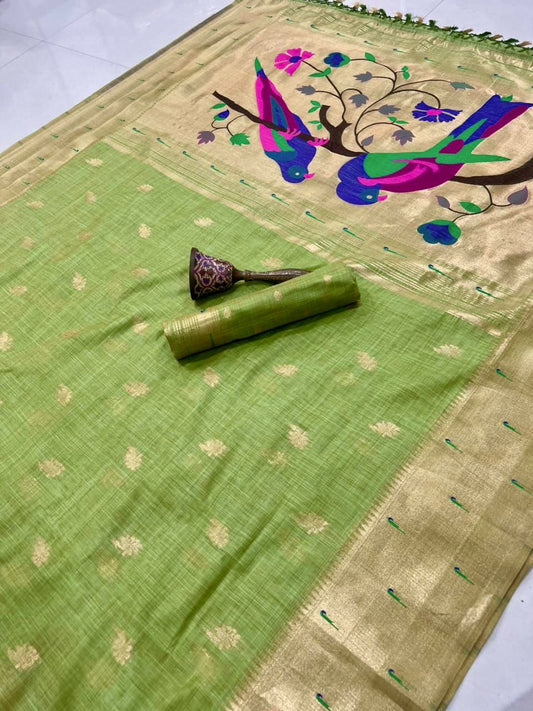 PURE SOFT MUGA COTTON AND MUNIYA BODER PAITHANI RICH ZARI WEAVING PALLU