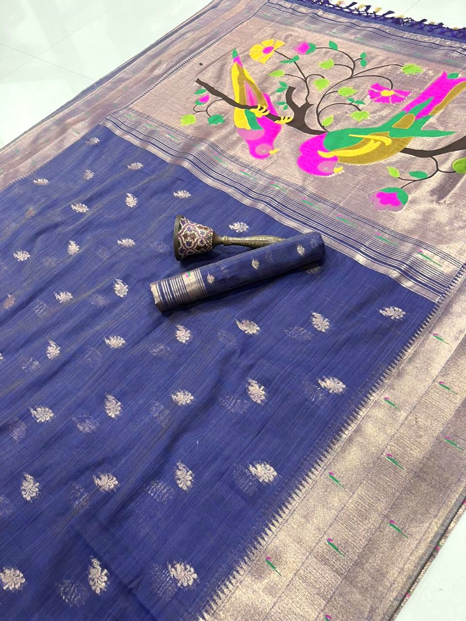 PURE SOFT MUGA COTTON AND MUNIYA BODER PAITHANI RICH ZARI WEAVING PALLU