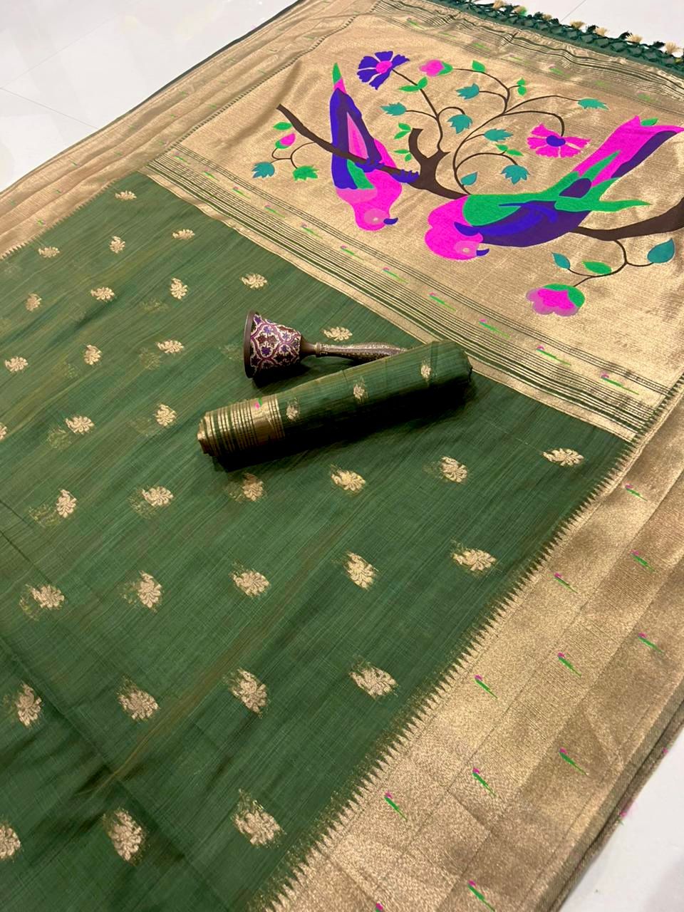 PURE SOFT MUGA COTTON AND MUNIYA BODER PAITHANI RICH ZARI WEAVING PALLU