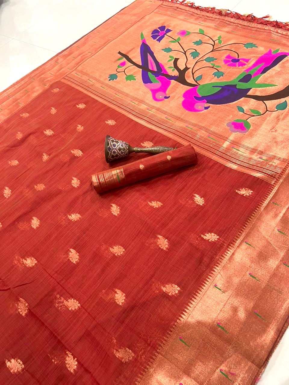 PURE SOFT MUGA COTTON AND MUNIYA BODER PAITHANI RICH ZARI WEAVING PALLU