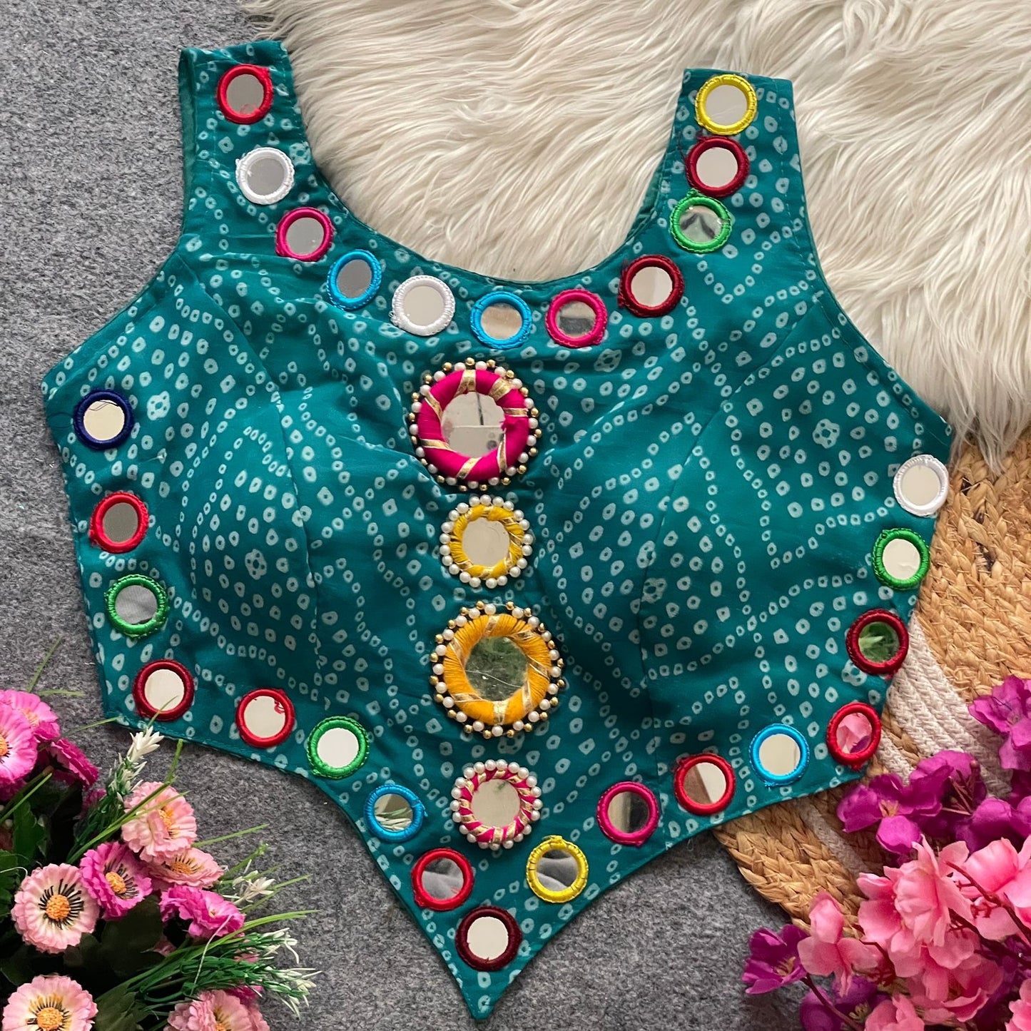 Pure Georgette Bandhani with heavy mirror hand work