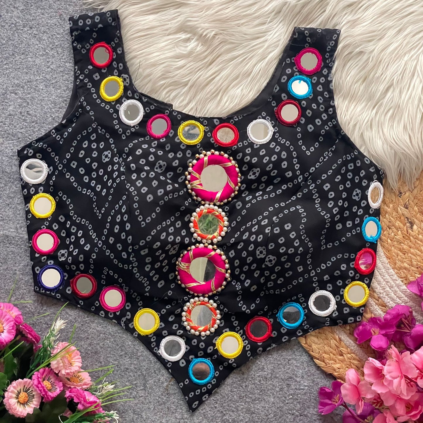 Pure Georgette Bandhani with heavy mirror hand work
