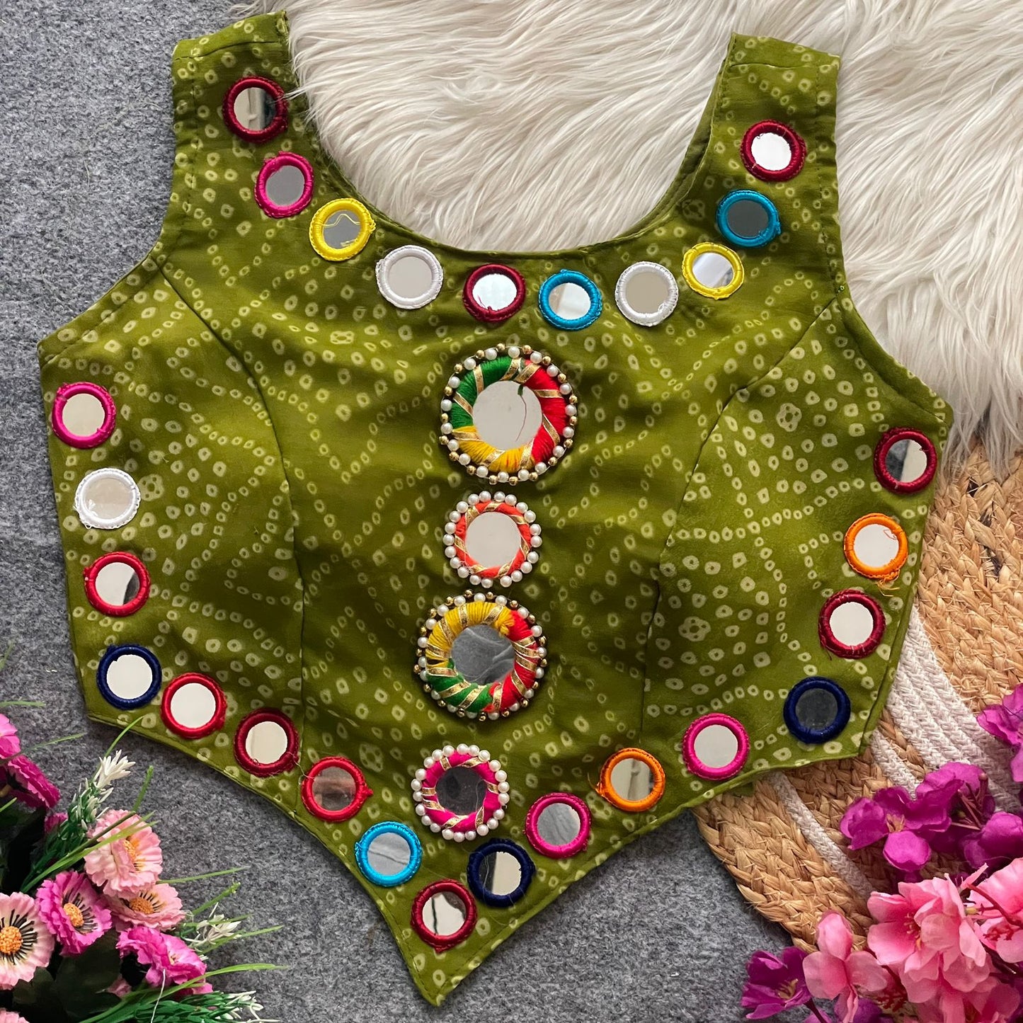 Pure Georgette Bandhani with heavy mirror hand work