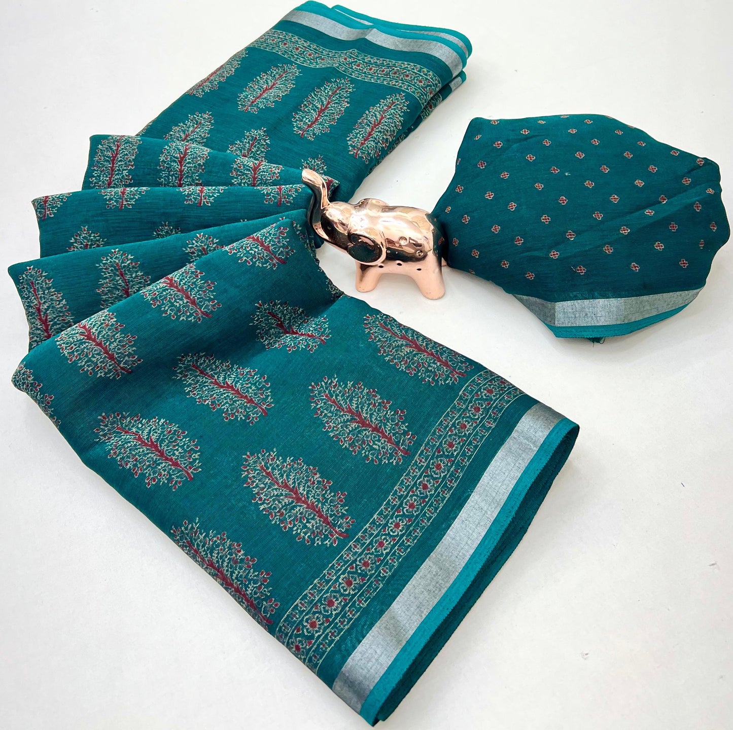 saree with trending ajrakh printed and silver zari border