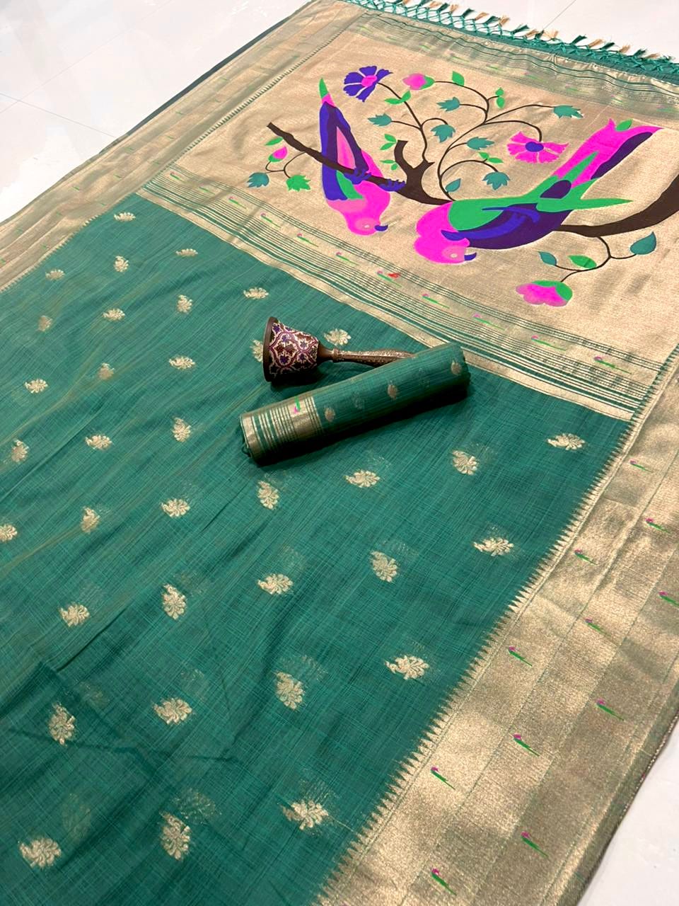 PURE SOFT MUGA COTTON AND MUNIYA BODER PAITHANI RICH ZARI WEAVING PALLU