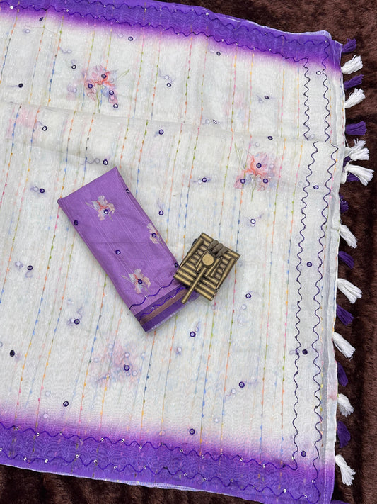Linen cotton saree with rainbow colour thread and mirror work