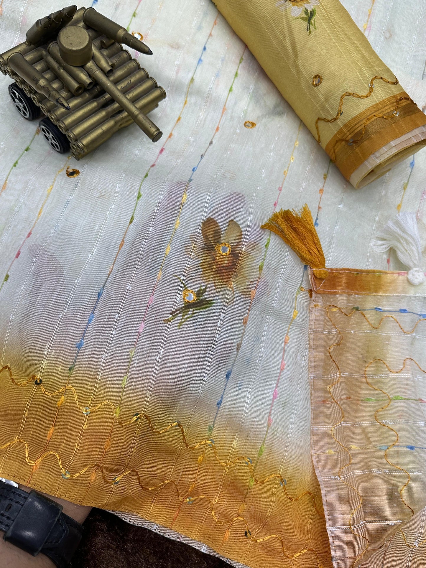 Linen cotton saree with rainbow colour thread and mirror work
