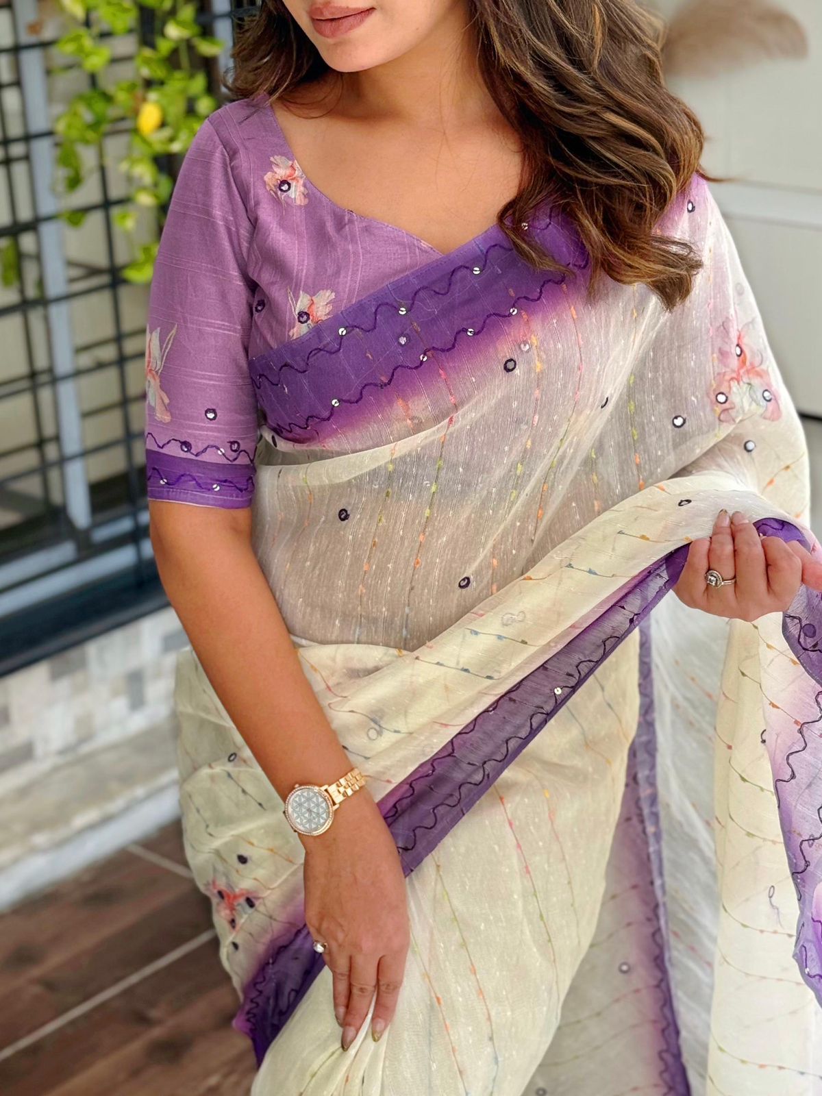 Linen cotton saree with rainbow colour thread and mirror work