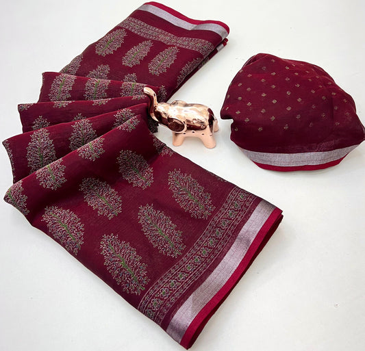 saree with trending ajrakh printed and silver zari border
