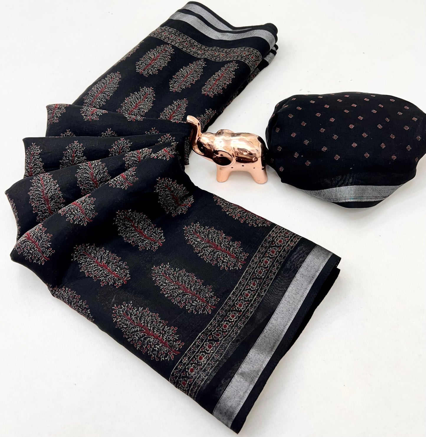 saree with trending ajrakh printed and silver zari border