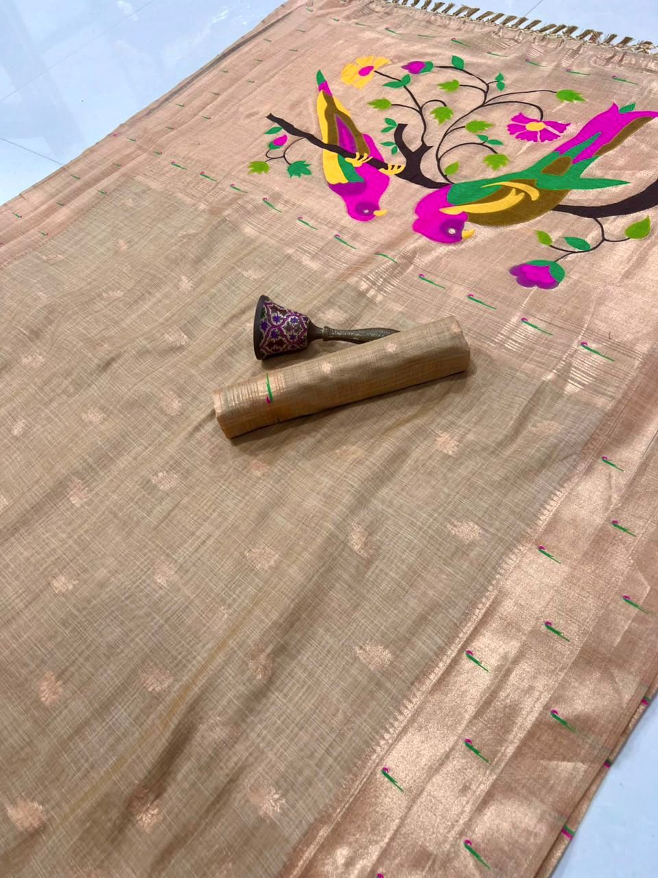 PURE SOFT MUGA COTTON AND MUNIYA BODER PAITHANI RICH ZARI WEAVING PALLU