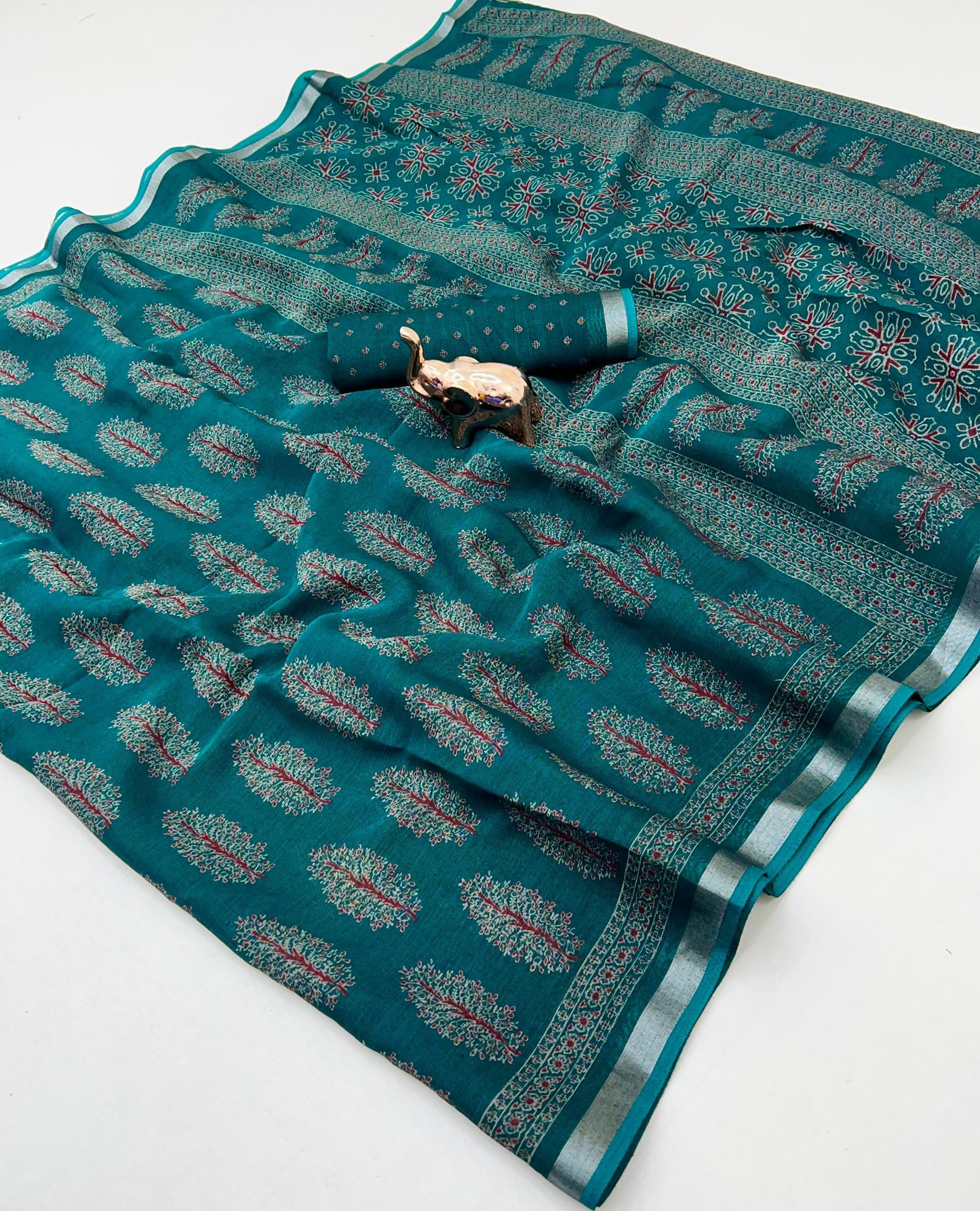 saree with trending ajrakh printed and silver zari border