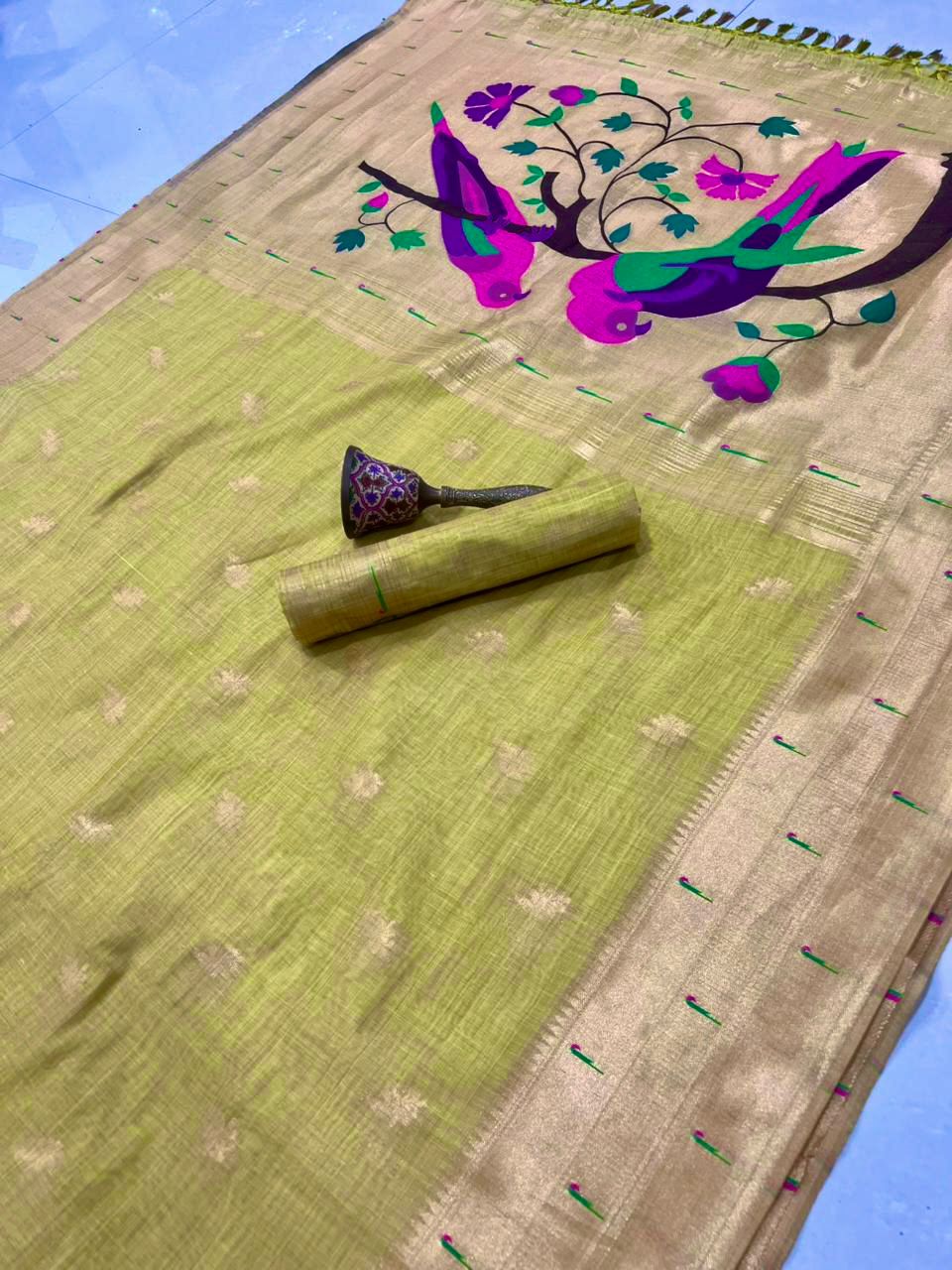 PURE SOFT MUGA COTTON AND MUNIYA BODER PAITHANI RICH ZARI WEAVING PALLU