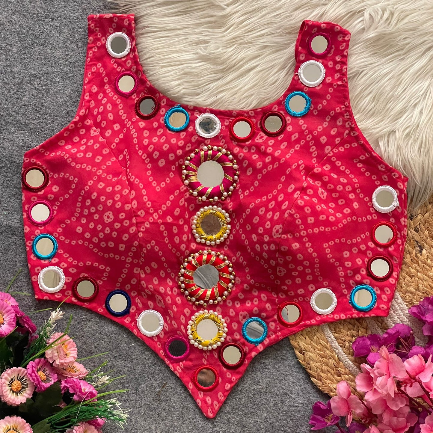 Pure Georgette Bandhani with heavy mirror hand work