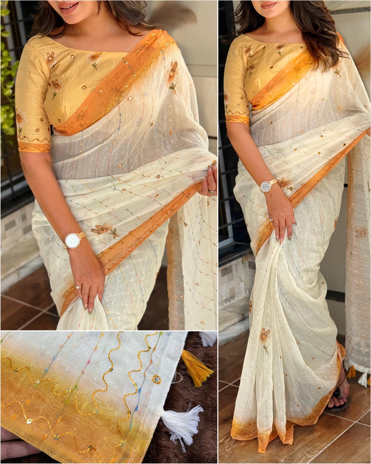 Linen cotton saree with rainbow colour thread and mirror work