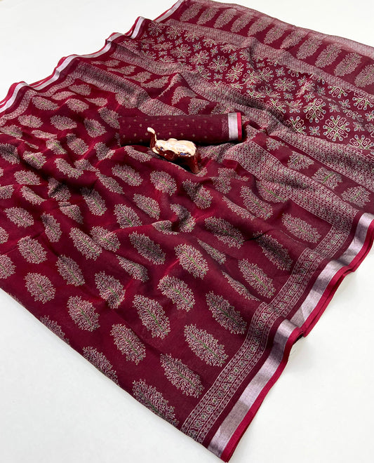 saree with trending ajrakh printed and silver zari border